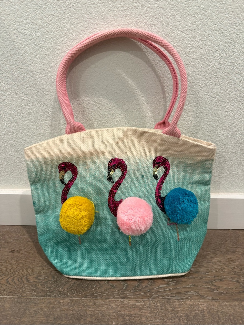 Mudpie Canvas Flamingo Pom-Pom Tote/Beach Bag - Pink Handles